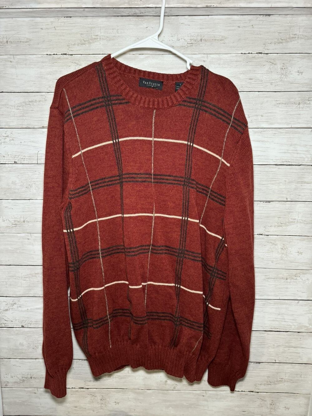 Vintage Van Heusen Knit Sweater Mens L Orange Red Plaid Dad Grandpa 90s